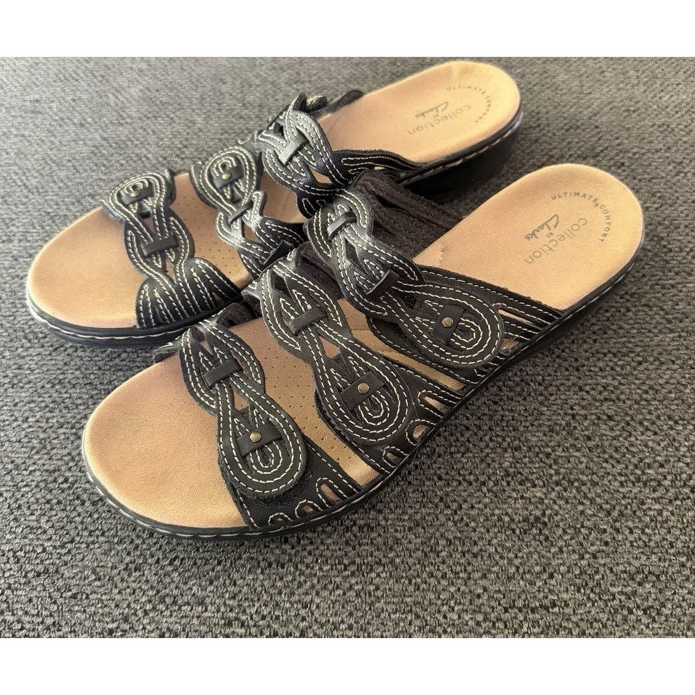Clarks Collection Women's Shoes Leisa Faye Black Sandals Size 8 M Flat Leather